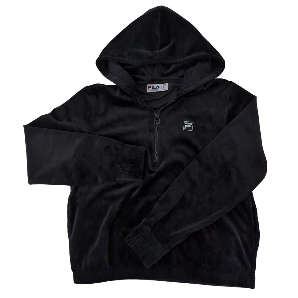 FILA Black Velour Quarter Zip Hoodie Gathered Wrist & Waist Women's size S